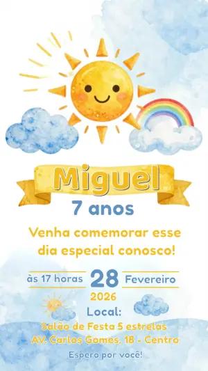 Convite de Aniversário Infantil Tema Sol Aquarela Editável