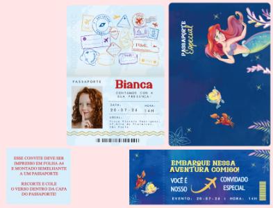 Convite de Aniversário Passaporte Ariel Editável Digital