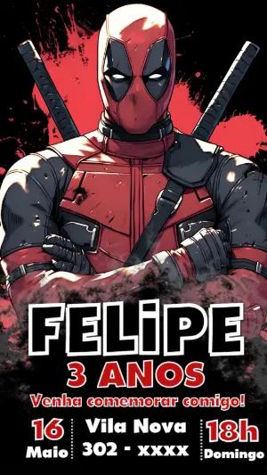 Convite de Aniversário Deadpool Editável para Festa de Herói
