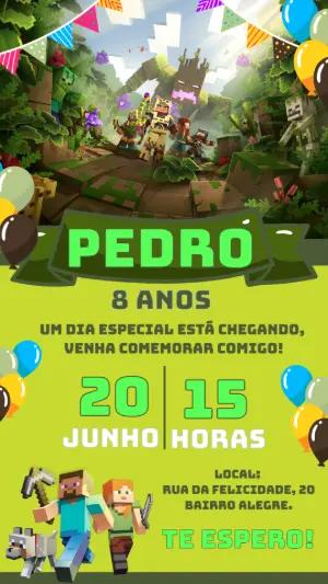 Convite de Aniversário Minecraft com Personagens para Editar