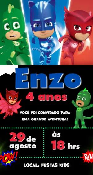 Convite de Aniversário PJ Masks Colorido para Editar