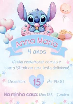 Convite de Aniversário Stitch Doces Fofo Modelo Editável