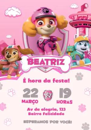 Convite de Aniversário Patrulha Canina Skye Rosa Editável