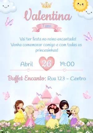 Convite Aniversário Princesas Fofo Aquarela Modelo Editável