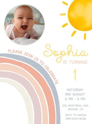Boho Rainbow 1st Birthday Invitation with Photo - Editable Template