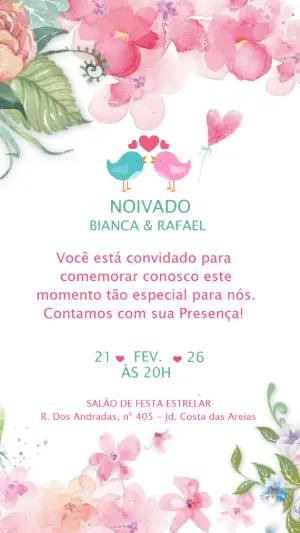 Convite de Noivado Floral Aquarela com Passarinhos para Editar