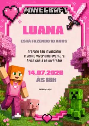 Convite de Aniversário Minecraft Rosa para Menina Editável