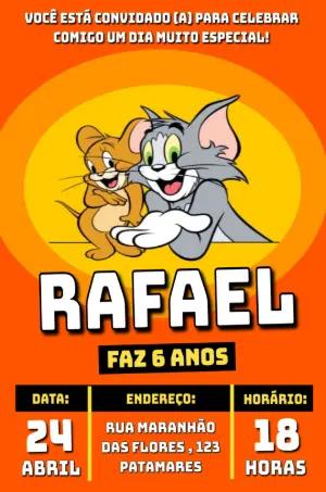 Convite de Aniversário Tom e Jerry Laranja Modelo Editável