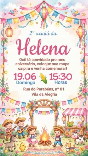 Convite Festa Junina Infantil Aquarela Editável