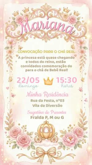 Convite Chá de Bebê Princesa Realeza Rosa Editável