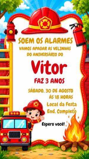 Convite de Aniversário Bombeiro Infantil para Editar