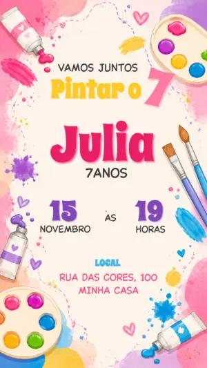 Convite de Aniversário Pintando o 7 Aquarela Editável