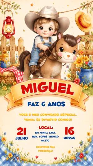Convite de Aniversário Cowboy Infantil Modelo Editável