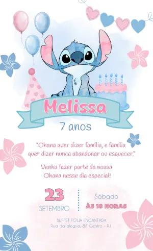 Convite de Aniversário Stitch Aquarela Fofo para Editar
