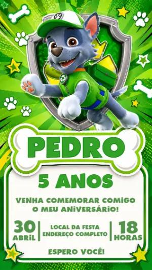 Convite de Aniversário Patrulha Canina Rocky Verde para Editar