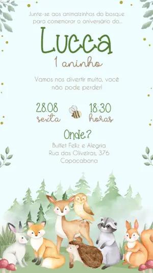 Convite Digital Aniversário Animais do Bosque Aquarela