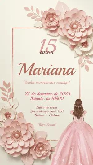 Convite 15 anos Rosé Gold com Flores de Papel Editável