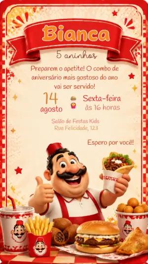 Convite de Aniversário Hambúrguer e Lanche para Editar