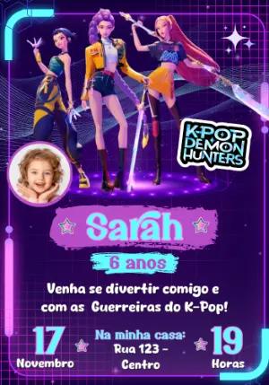 Convite Aniversário Guerreiras K-Pop com Foto para Editar Online