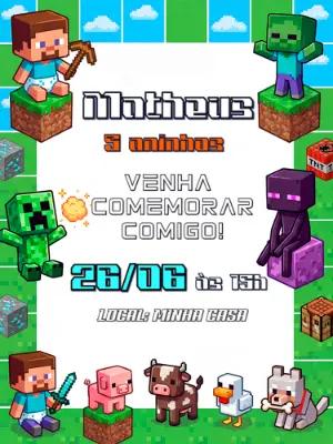 Convite de Aniversário Minecraft Pixelado para Editar