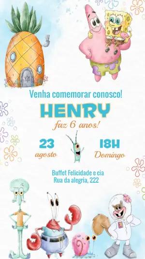 Convite de Aniversário Bob Esponja Aquarela para Editar