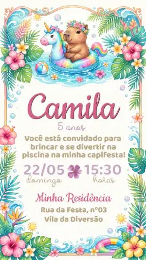 Convite Aniversário Capivara Pool Party Tropical Editável