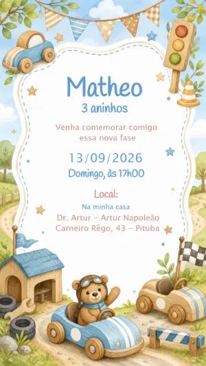 Convite de Aniversário Carrinhos e Ursinho Piloto Editável