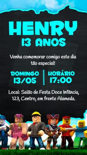 Convite de Aniversário Roblox com Personagens para Editar Online
