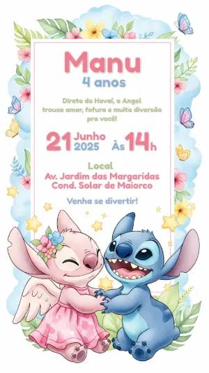 Convite Aniversário Angel e Stitch Fofo para Editar Online