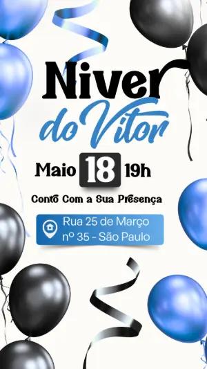 Convite de Aniversário com Balões Azuis e Pretos para Editar