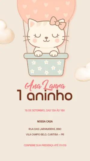 Convite de Aniversário Gatinha no Balão para Editar Online