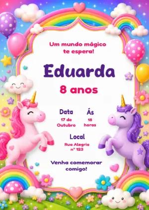Convite de Aniversário Unicórnio Mágico Modelo Editável