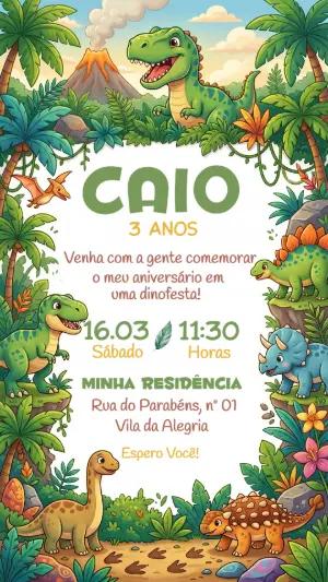 Convite de Aniversário Dinossauro Infantil Colorido para Editar
