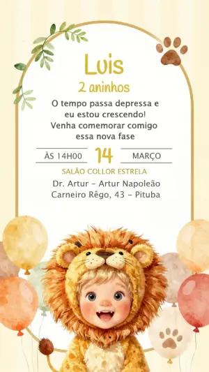 Convite Digital Aniversário Infantil Tema Leãozinho Editável