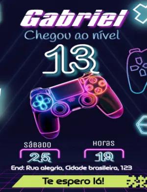 Convite Aniversário Gamer Neon com Controle para Editar Online