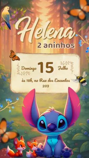 Convite de Aniversário Stitch na Floresta Encantada Editável