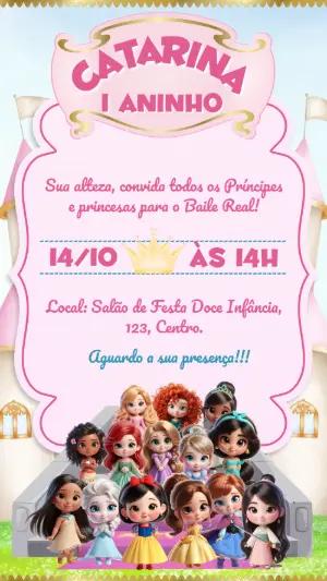 Convite Digital Aniversário Princesas Cute para Editar