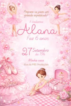 Convite de Aniversário Bailarina Rosa Delicado para Editar