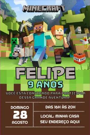 Convite Aniversário Minecraft com Personagens para Editar