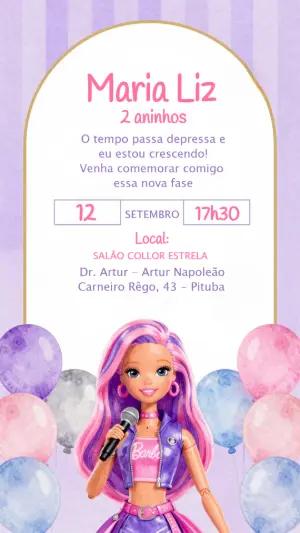 Convite Animado Barbie Popstar Aniversário Infantil para Editar