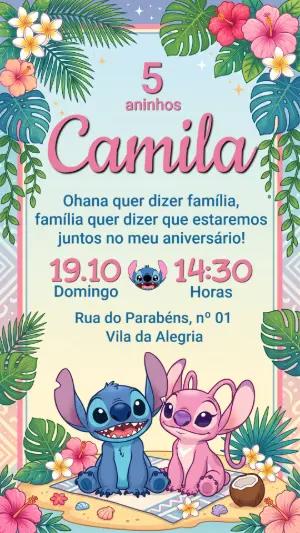 Convite de Aniversário Stitch e Angel Tropical Editável