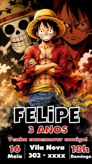 Convite de Aniversário One Piece com Luffy para Editar