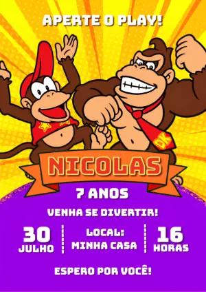 Convite Aniversário Donkey Kong para Editar e Imprimir