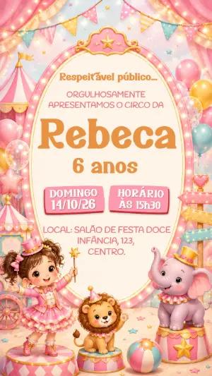 Convite de Aniversário Circo Rosa para Menina Editável