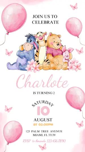 Winnie the Pooh Birthday Invitation | Pink Watercolor Editable Template