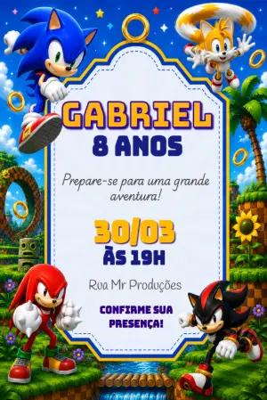 Convite de Aniversário Sonic e Amigos Modelo Digital para Editar