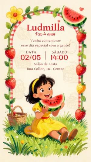 Convite de Aniversário Piquenique Ilustrado para Editar