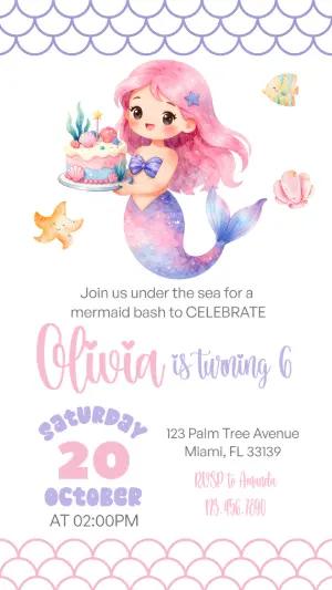 Cute Mermaid Birthday Invitation | Editable Watercolor Template