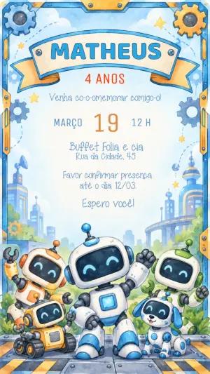 Convite de Aniversário Tema Robô Aquarela para Editar
