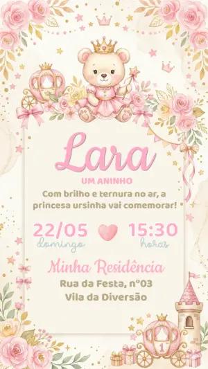 Convite Aniversário Ursinha Princesa Rosa Editável